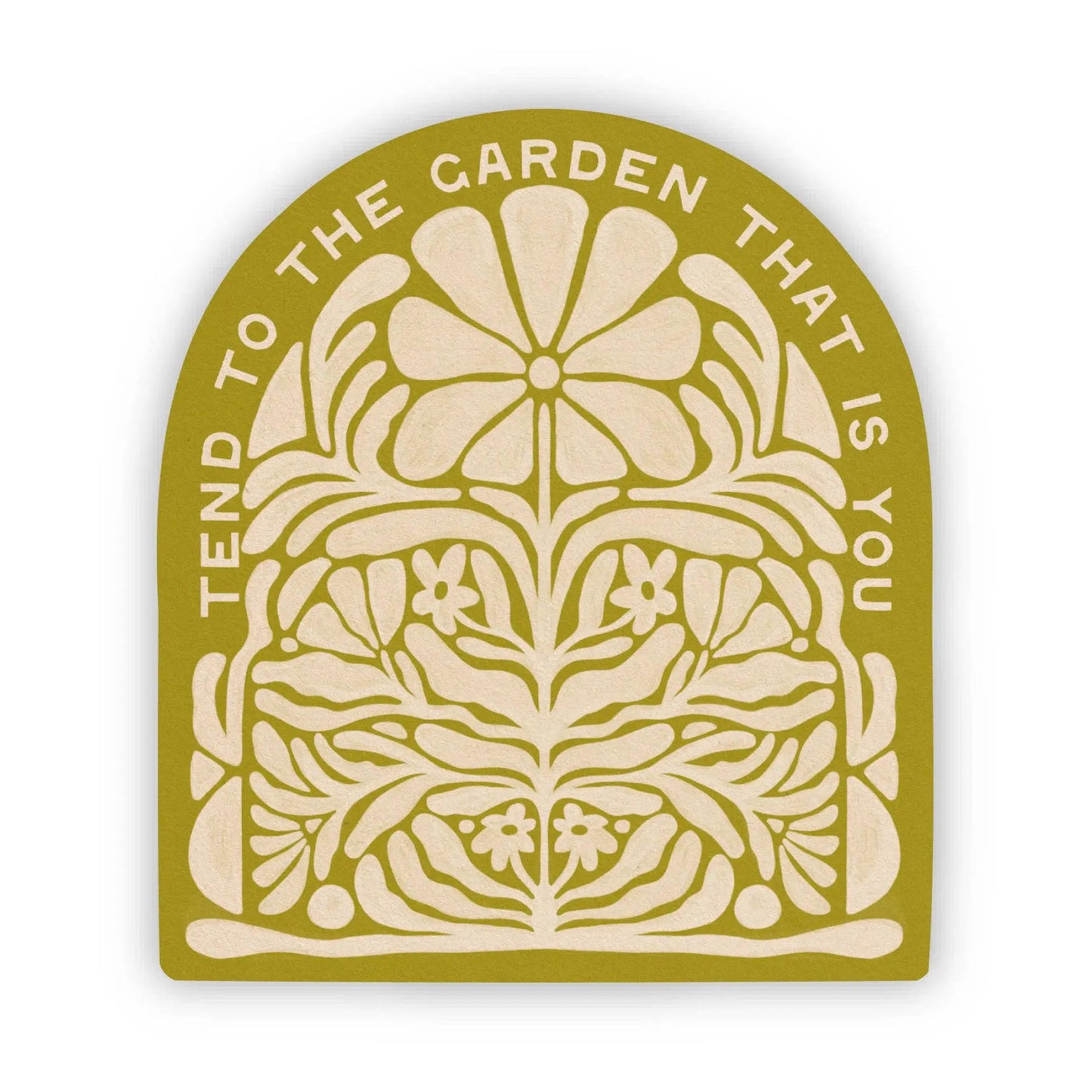 Tend to the Garden That Is You vinyl sticker round gold badge with beige floral mandala design on Tampa Home & Garden Store