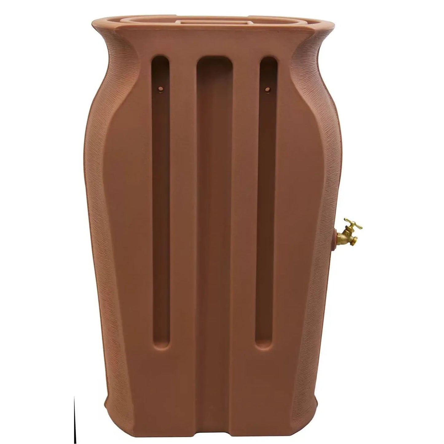 Terra cotta 50-gallon urn rain barrel with planter top and brass spigot on Tampa Home & Garden Store