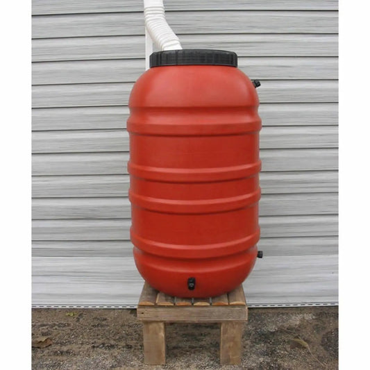 Terra Cotta Red HDPE 55-Gallon Rain Barrel with Spigot on a wooden pallet outdoors on Tampa Home & Garden Store