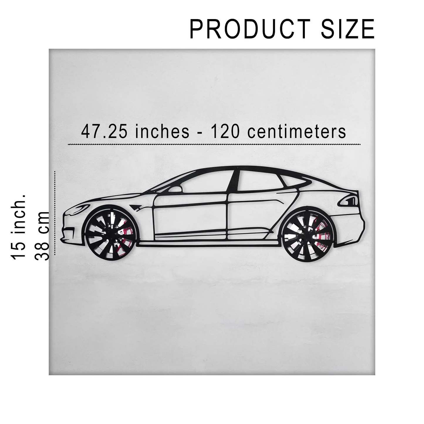 Metal car wall art Tesla Model S silhouette with spinning wheels Enova Art on Tampa Home & Garden Store