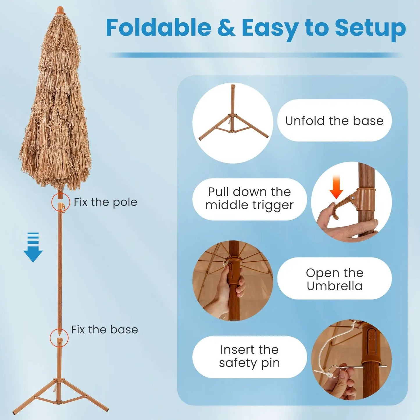 6.5 ft Thatched Tiki Umbrella with Tilt by DirectDeals, natural brown thatch, tripod base on Tampa Home & Garden Store