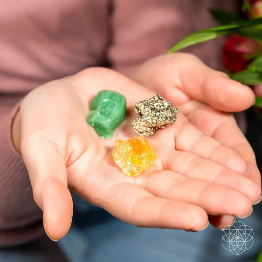 Abundance Trio Energy crystals: three stones emerald-green, pyrite cluster, citrine in palm on Tampa Home & Garden Store