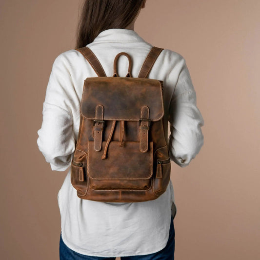Buffalo leather backpack with vintage look, brown straps and front flap pocket on Tampa Home & Garden Store