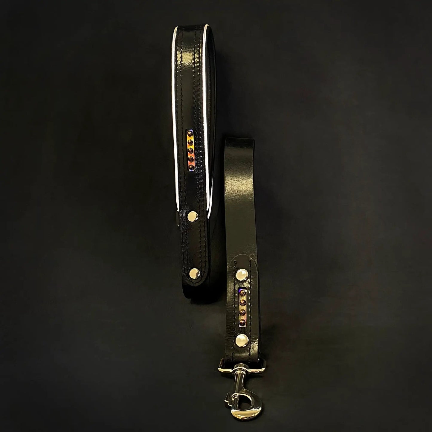 Atlantis leather leash by Bestia Dog Gear, black leather with white piping and gold studs on Tampa Home & Garden Store