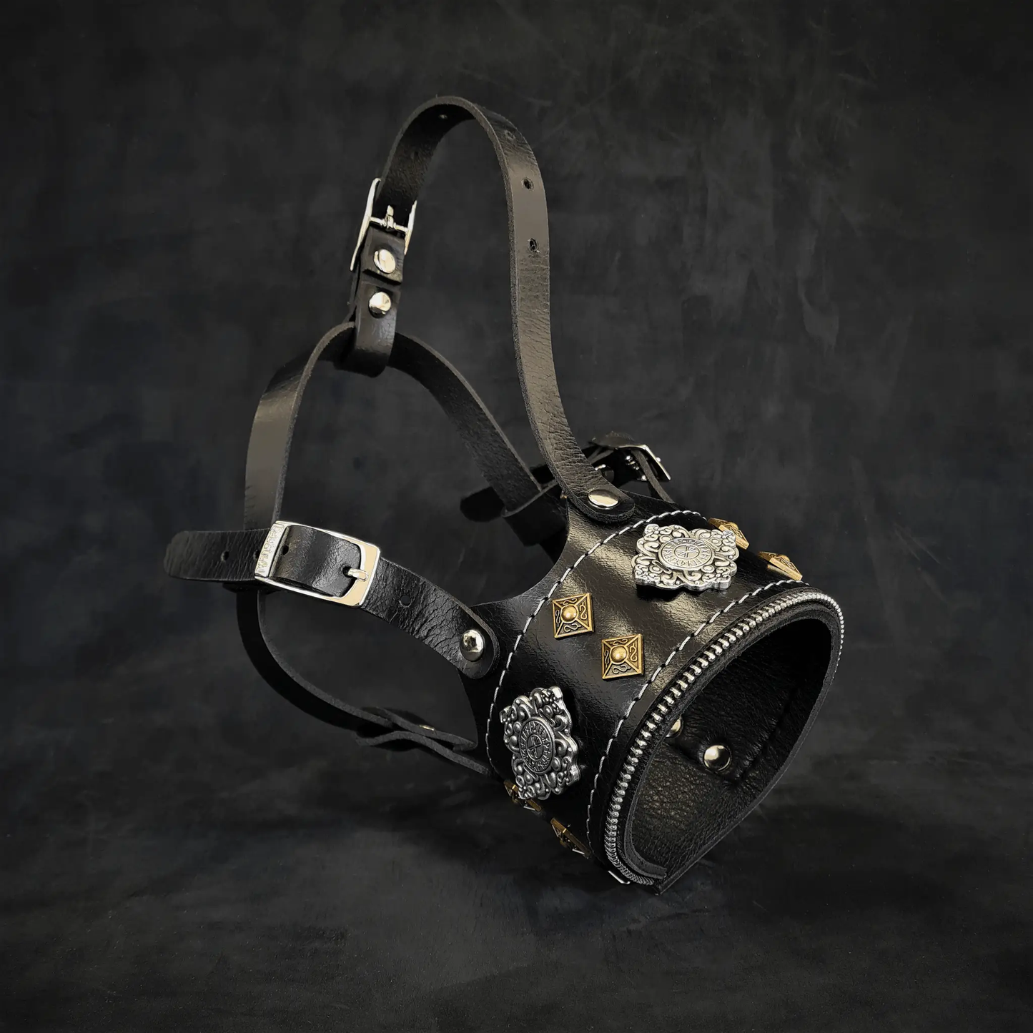 Aztec Leather Muzzle Black for Strong Breeds by Bestia Dog Gear with decorative conchos on Tampa Home & Garden Store