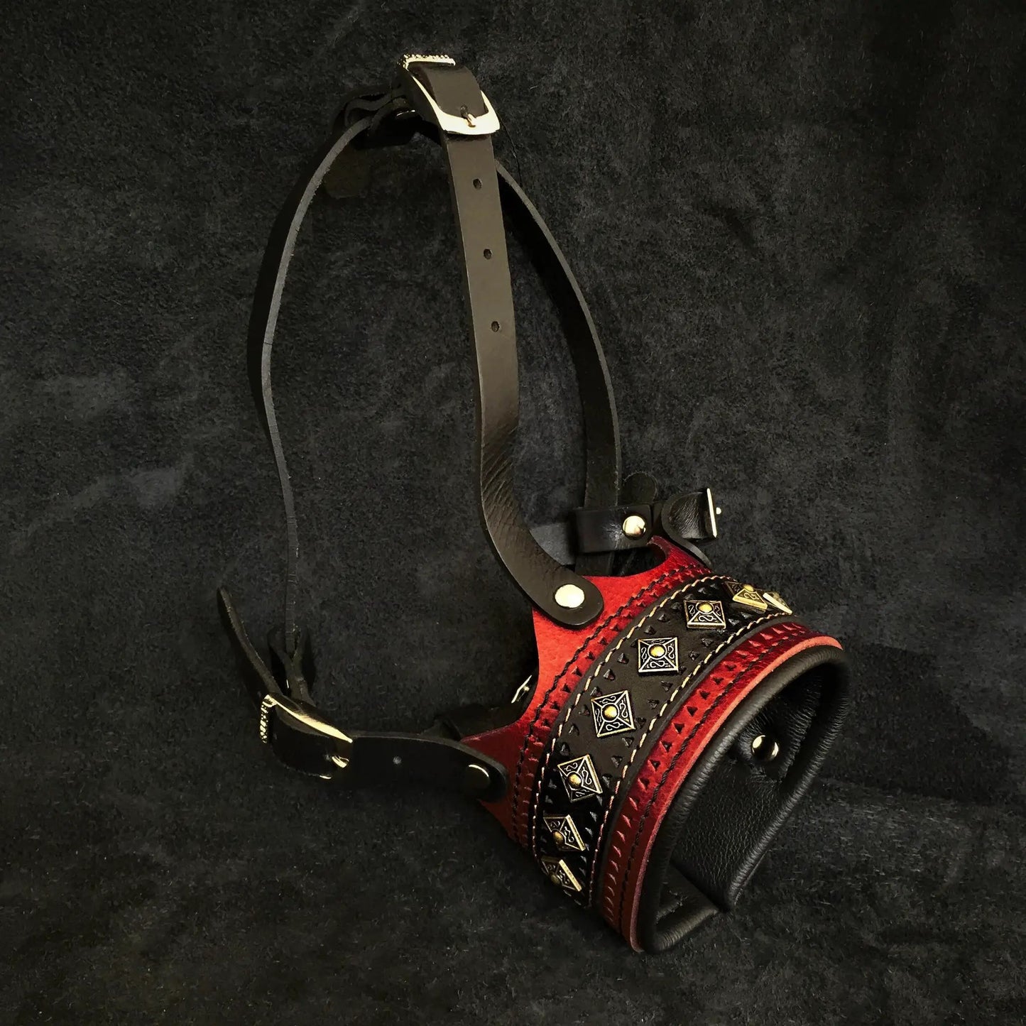 Balteus leather dog muzzle with red padded strap by Bestia Dog Gear for strong dogs on Tampa Home & Garden Store