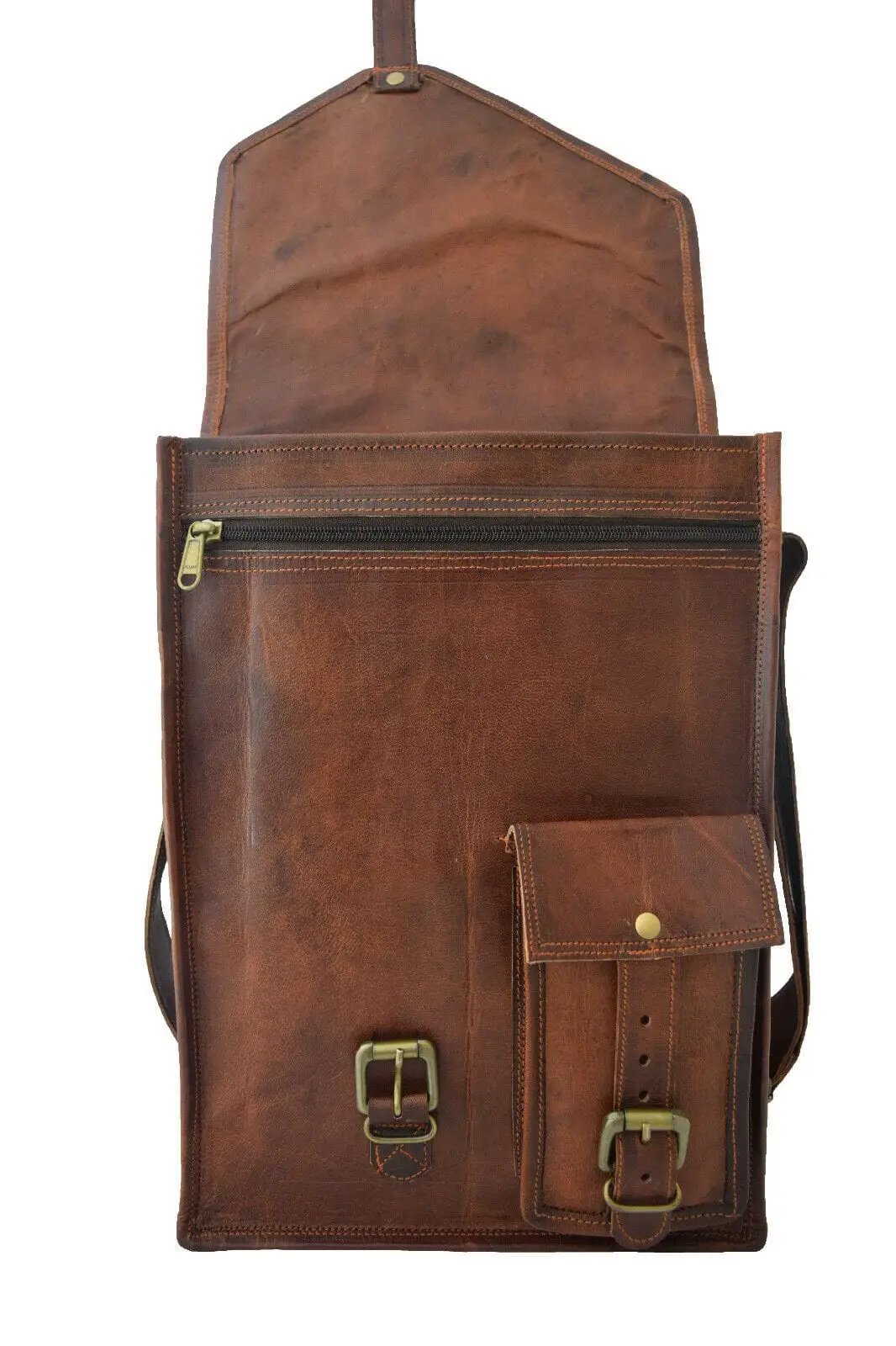 Barnett Crossbody Leather Tablet Messenger Bag in brown leather with brass buckles on Tampa Home & Garden Store