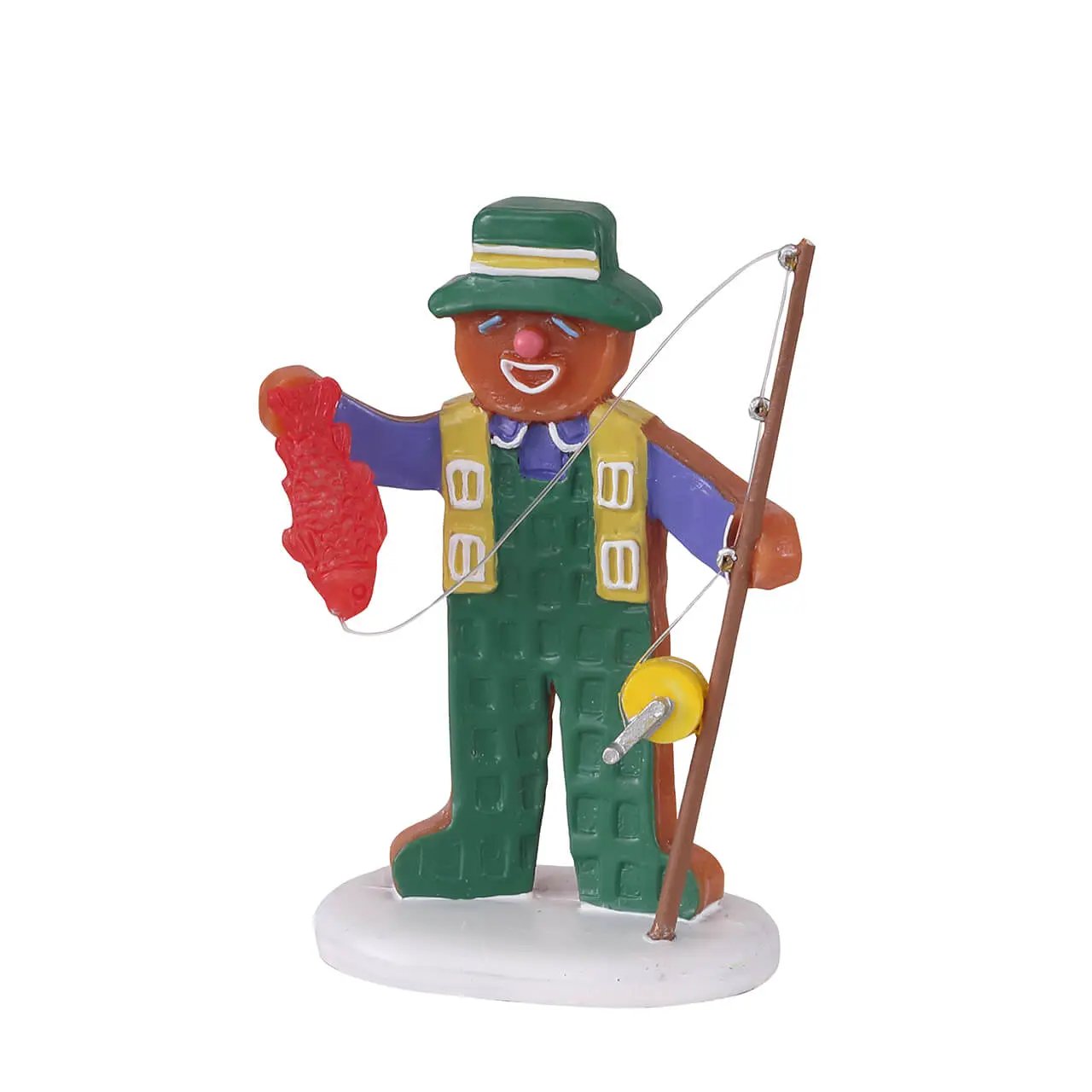 Gingerbread Man fishing figurine by The Country Christmas Loft, green overalls, Swedish Fish candy on Tampa Home & Garden Store