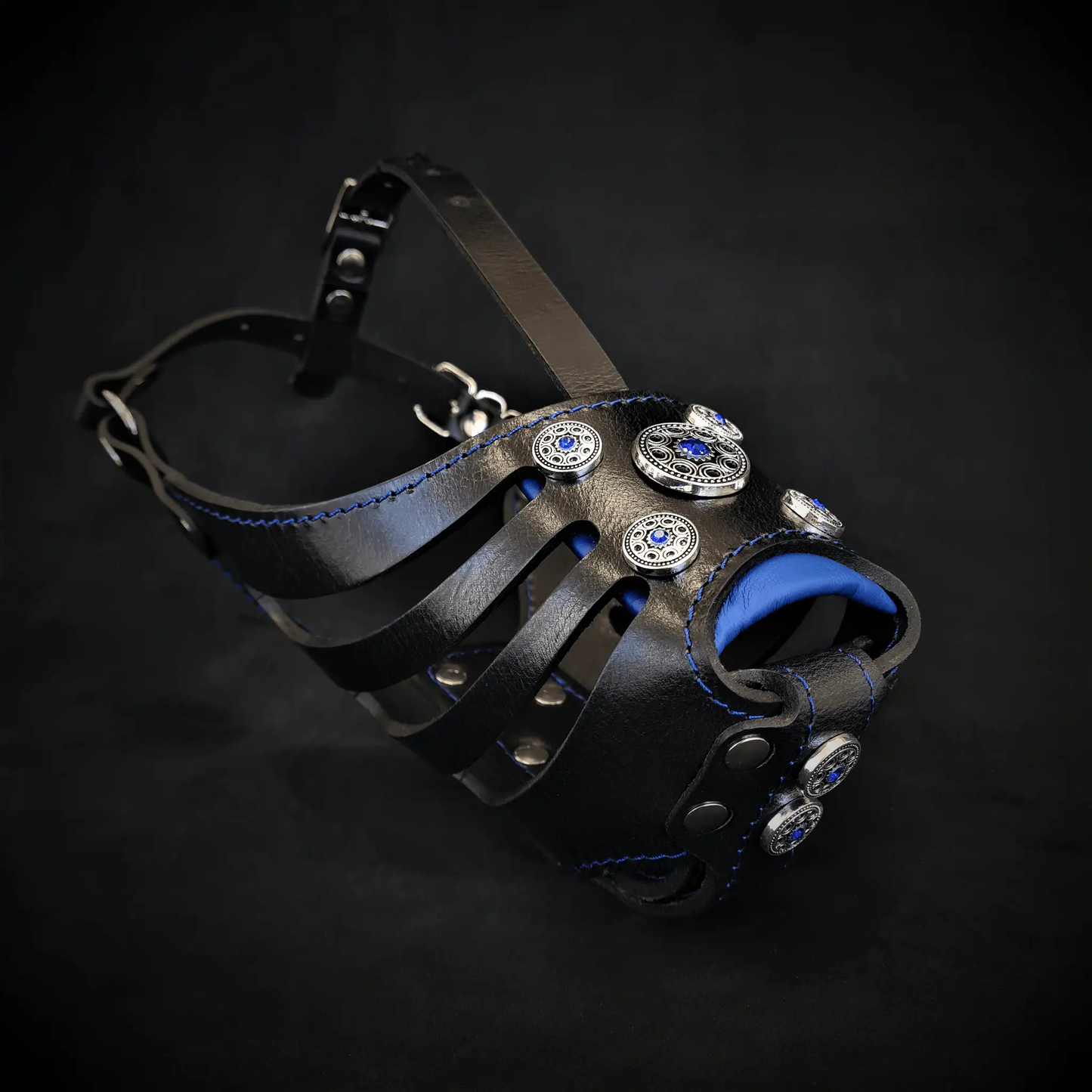 Bijou Basket Muzzle Black and Blue for Dogs by Bestia Dog Gear with decorative metal discs on Tampa Home & Garden Store