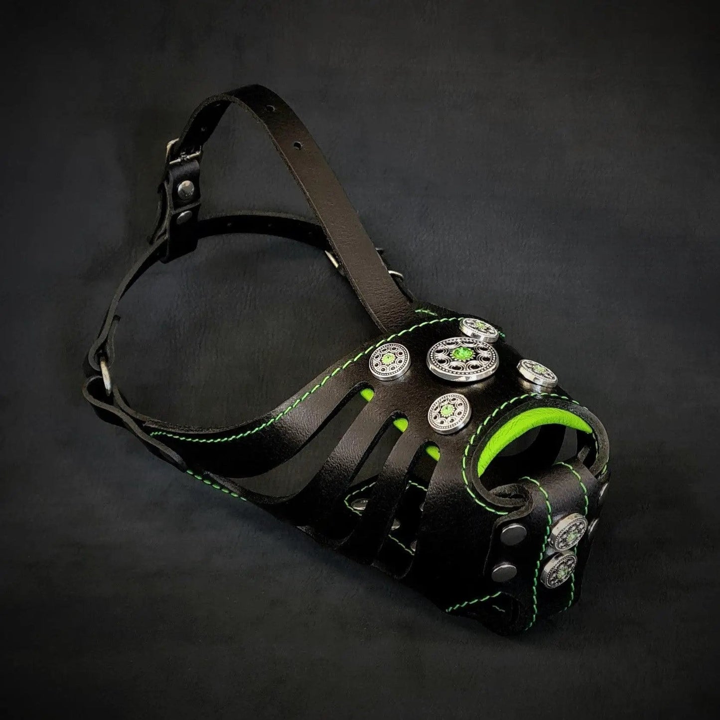 Bestia Bijou Basket Muzzle black leather with green stitching and silver conchos on Tampa Home & Garden Store