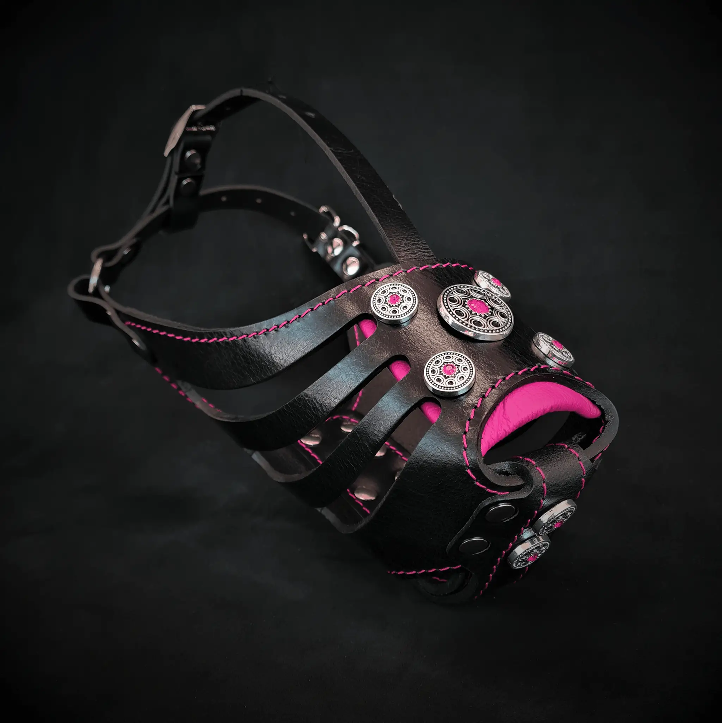 Bijou Basket Muzzle for dogs, black leather, pink stitching, decorative conchos Bestia on Tampa Home & Garden Store
