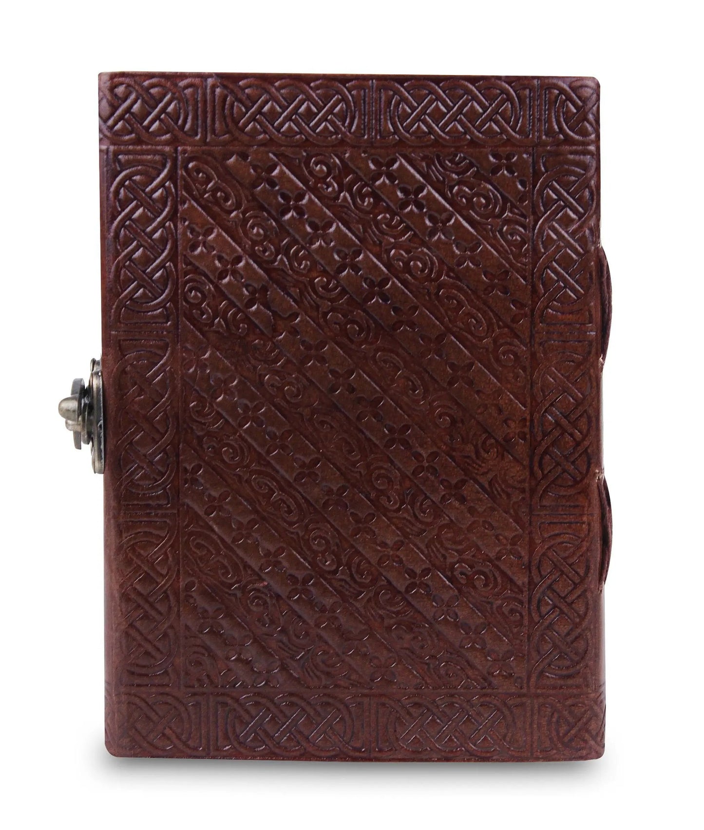 Blue Topaz leather notebook with lock, rustic tooled brown cover featuring Celtic knot border on Tampa Home & Garden Store