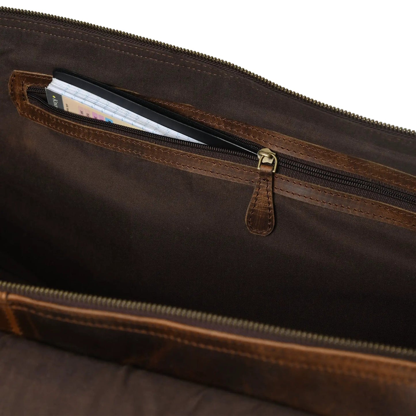 Bolton Flap Duffel Bag brown leather with zipper pocket and card slots on Tampa Home & Garden Store