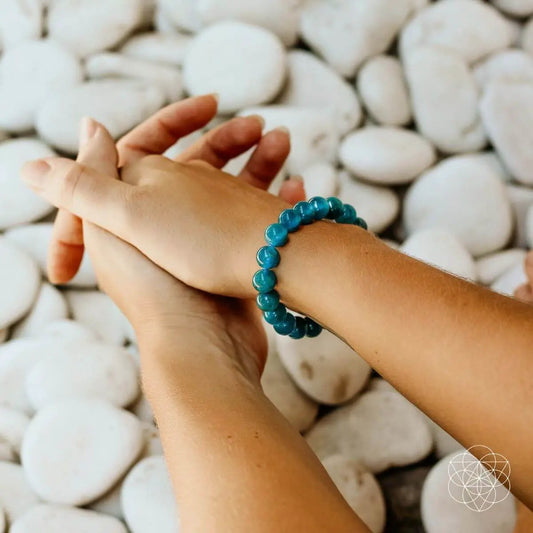 The Brighter Future Apatite Bracelet by Conscious Items with teal blue beads on Tampa Home & Garden Store