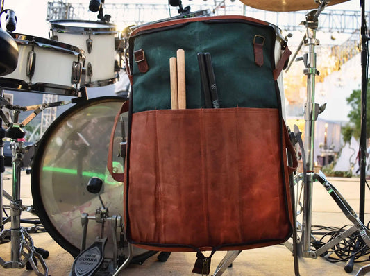 Bruford personalized leather drumsticks bag with green canvas body and brown trim; sticks on Tampa Home & Garden Store