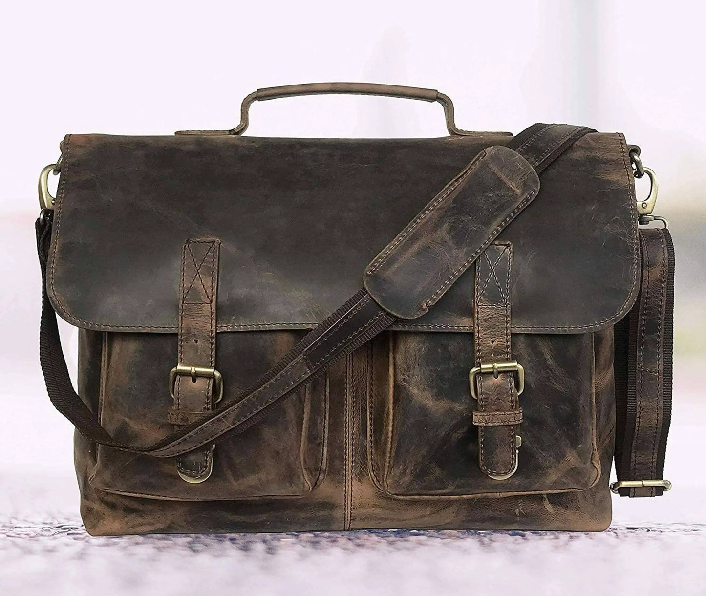 Buffalo Executive Leather Messenger Bag with top handle and front buckles in aged brown leather on Tampa Home & Garden Store