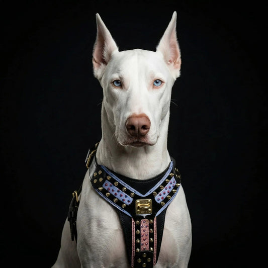 Bestia Dog Gear Candy Black Harness for Dogs with blue pink studded straps on Tampa Home & Garden Store