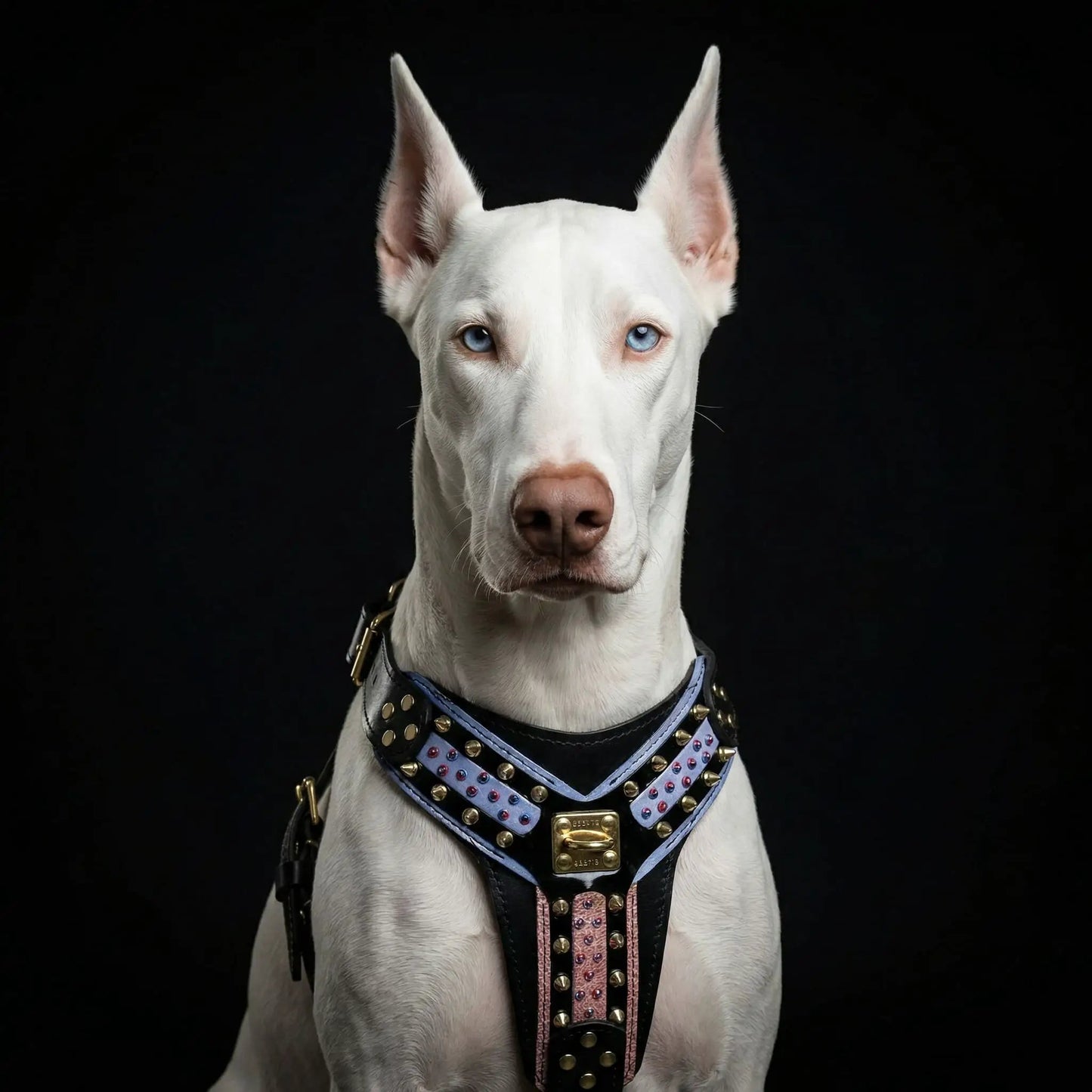 Bestia Dog Gear Candy Black Harness for Dogs with blue pink studded straps on Tampa Home & Garden Store
