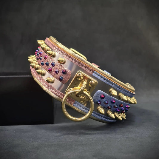 Candy Dog Collar Premium White Leather Bestia Dog Gear set of 3, gold spikes and gems on Tampa Home & Garden Store