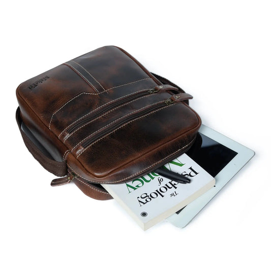 Compact buffalo leather messenger bag dark brown by Classy Leather Bags with zip pockets on Tampa Home & Garden Store