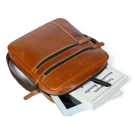Compact Messenger Bag in tan brown leather with zippered pockets by Classy Leather Bags on Tampa Home & Garden Store