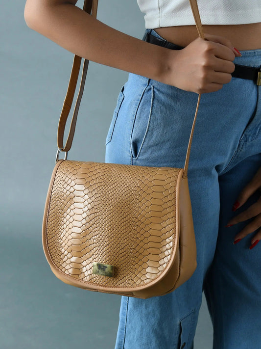 Croco Leather Satchel Bag in Beige with croc-embossed texture and long crossbody strap on Tampa Home & Garden Store