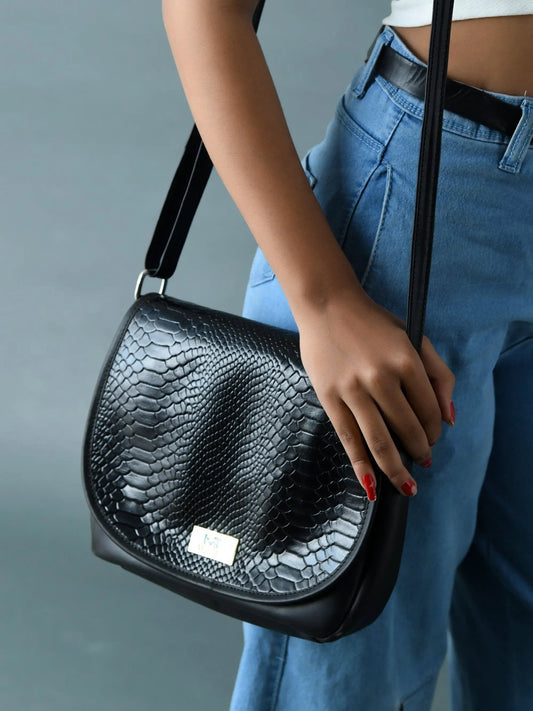 Croco-embossed leather satchel bag in black with crocodile texture and adjustable strap on Tampa Home & Garden Store