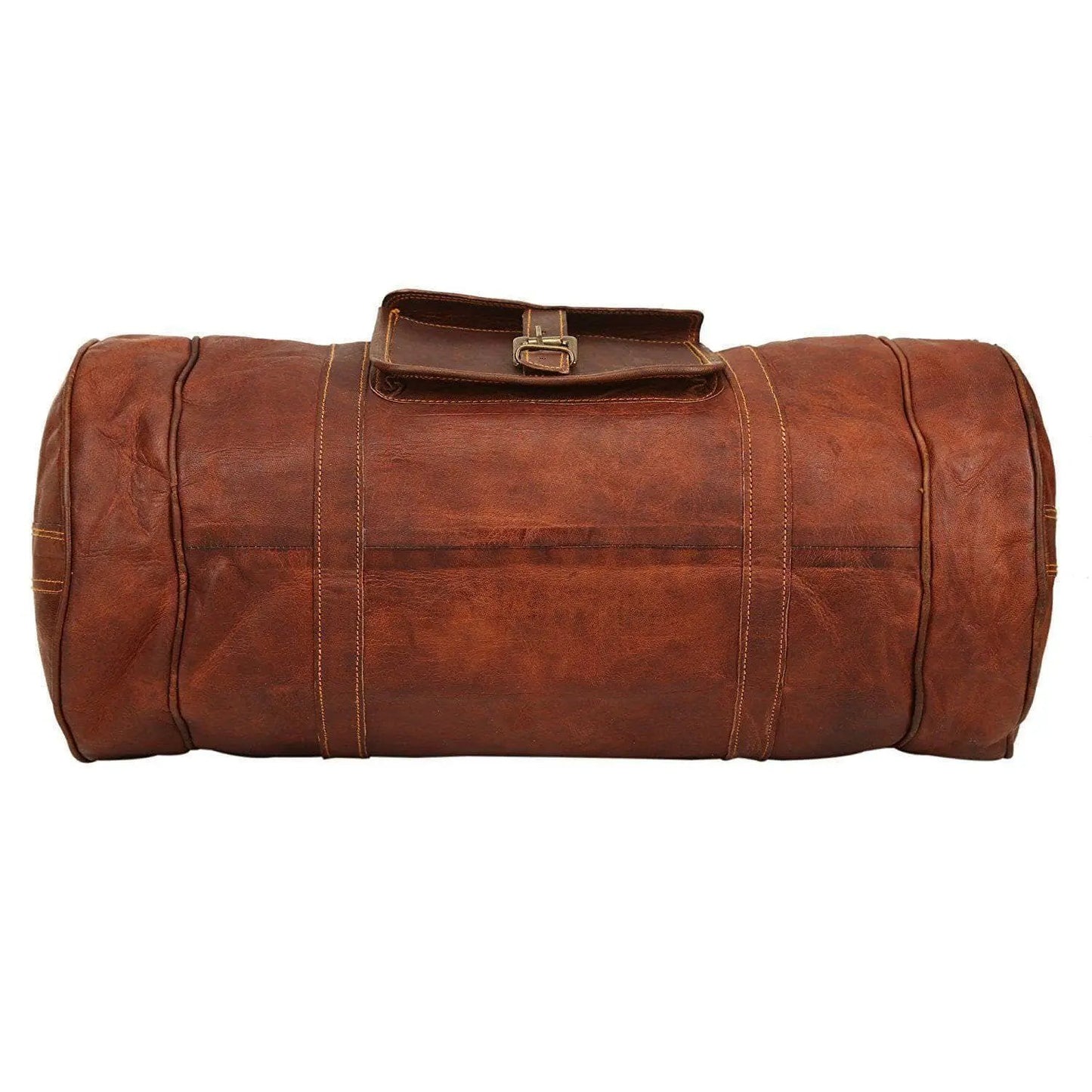 Dapper Unisex Goat Leather Duffel Bag in brown with sturdy stitching on Tampa Home & Garden Store