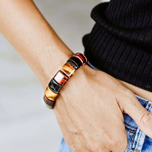 Determination Bracelet with Tiger Eye Stone, warm amber-brown beads in chunky segments on Tampa Home & Garden Store