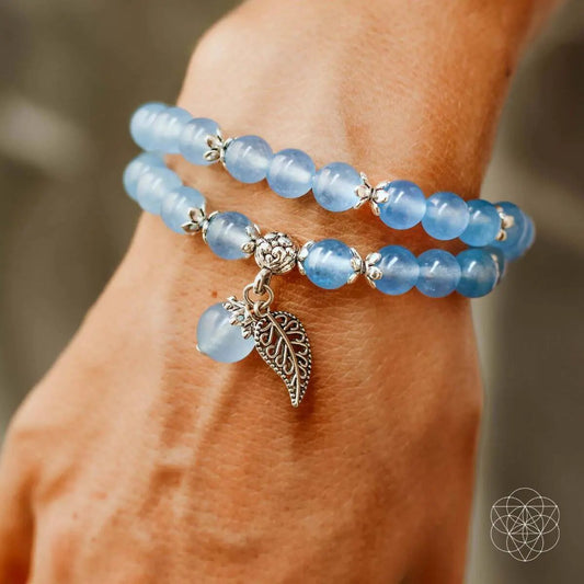 Bracelet Elegant Calming Chalcedony beads in blue with silver leaf charm, stacked bracelets, 2 on Tampa Home & Garden Store