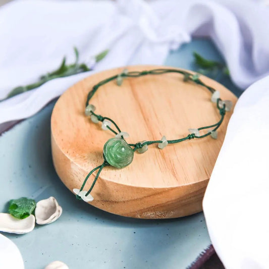 Emotional Healing Anklet with green jade centerpiece on emerald-green cord and crystal chips on Tampa Home & Garden Store