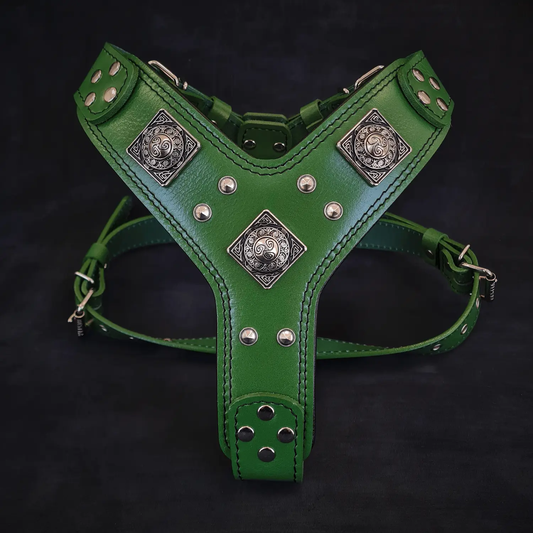 Eros Harness green leather dog harness with decorative silver plaques and studs Bestia Dog Gear on Tampa Home & Garden Store