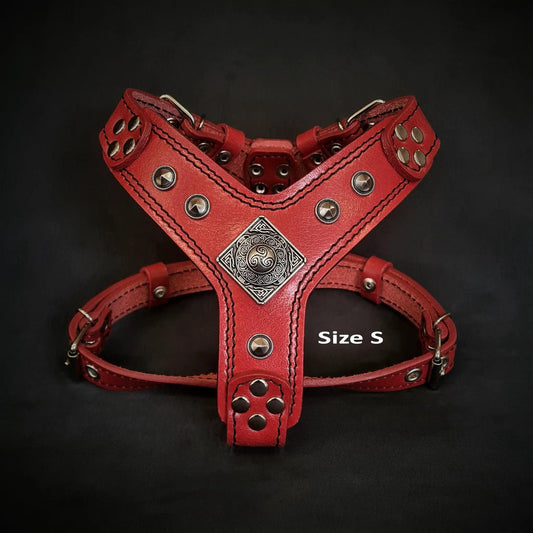 Eros Leather Red Harness Small–Medium by Bestia Dog Gear; red leather with rivets and rings on Tampa Home & Garden Store