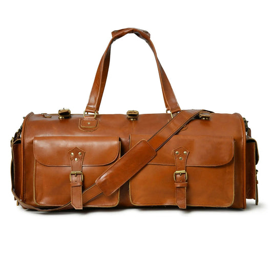 Fenrich Brown Buffalo Leather Duffel Bag with brass hardware on Tampa Home & Garden Store