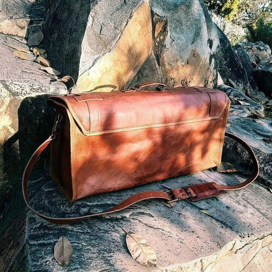 Flapster Duffel Bag goat leather brown with top handles and detachable shoulder strap on Tampa Home & Garden Store
