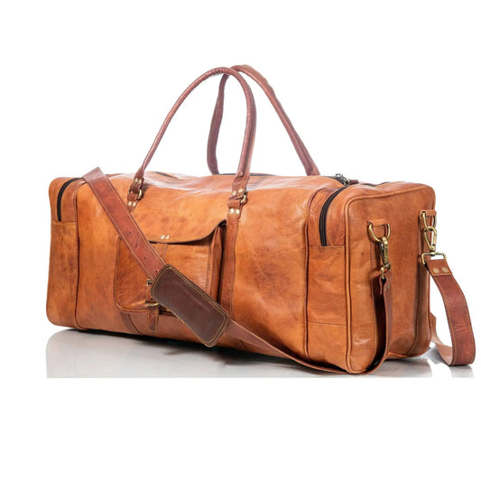 Fletcher Leather Duffel Bag in tan leather with ample interior and top handles on Tampa Home & Garden Store