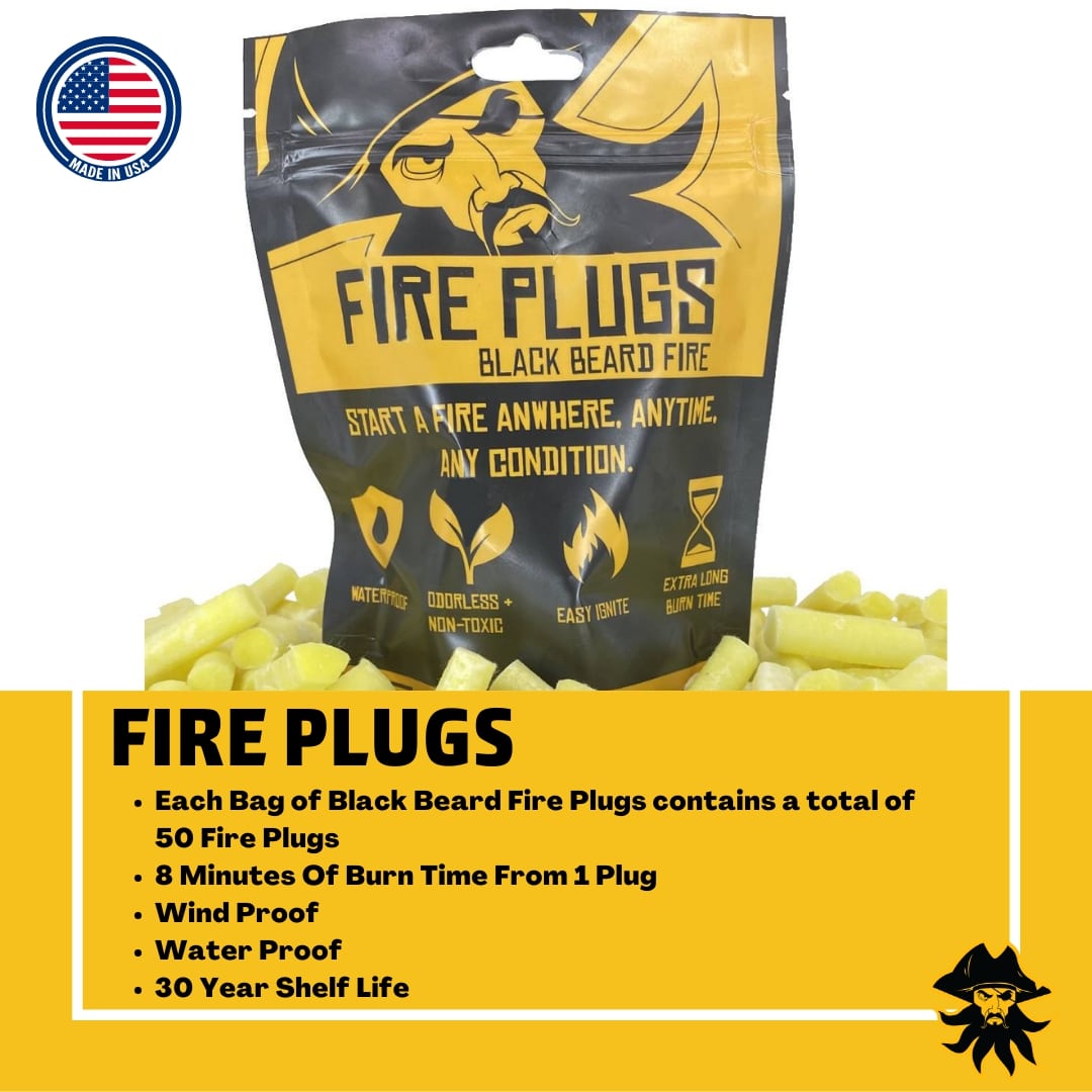 Hard Times Fire Starter Kit Fire Plugs by Black Beard Fire Starters in a yellow-black bag on Tampa Home & Garden Store