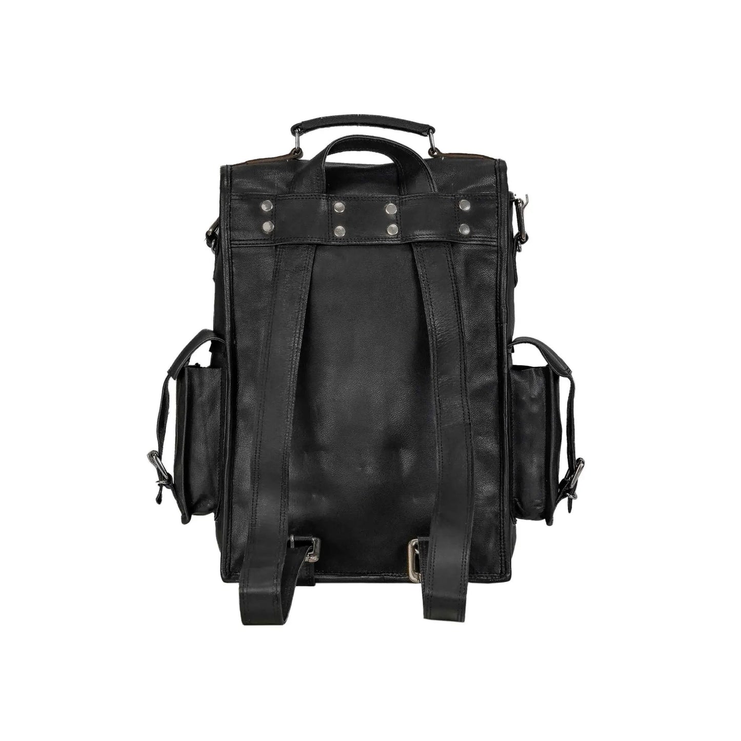 Harper Convertible Leather Backpack in black leather with silver rivets and top handle on Tampa Home & Garden Store