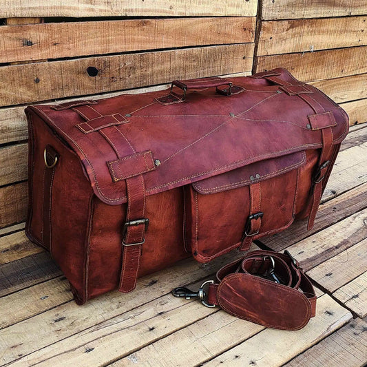 Genuine Goat Leather Harrison Duffel Bag in burgundy with contrasting stitch and metal hardware on Tampa Home & Garden Store