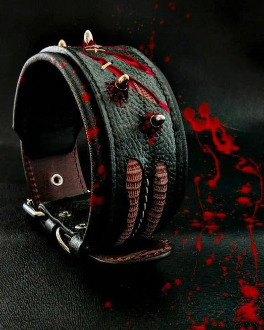 Haunted Collar for Large Dogs, Elephant Pattern black leather with red splatter accents on Tampa Home & Garden Store
