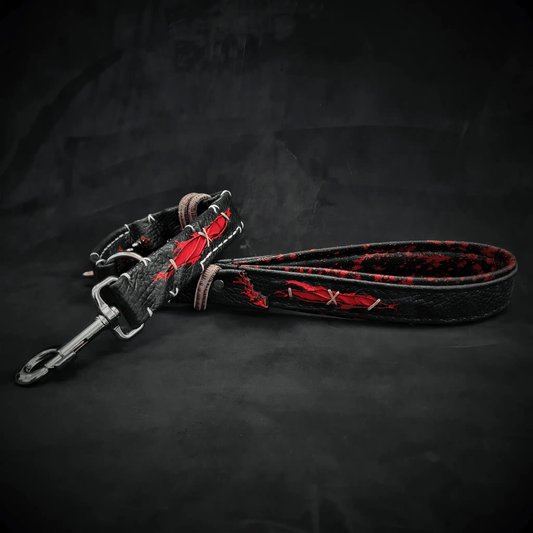 Haunted Leather Leash with Rivet Accents by Bestia Dog Gear, black leather with red stitching on Tampa Home & Garden Store