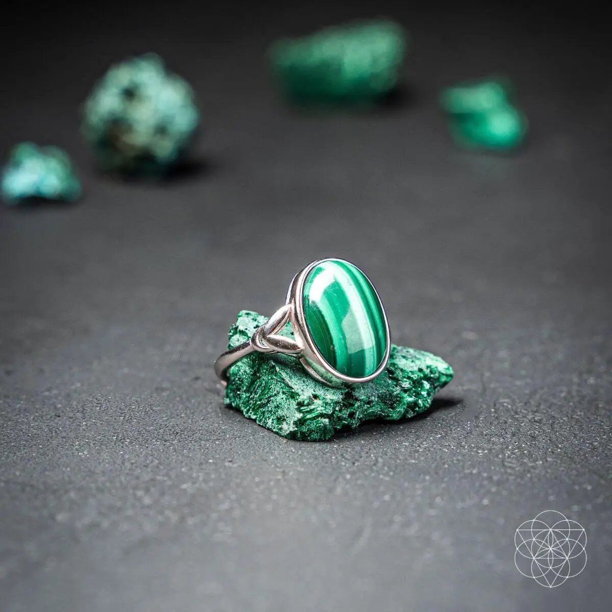 Heart Healing Malachite Ring in Platinum Finish, silver band with malachite Conscious Items on Tampa Home & Garden Store