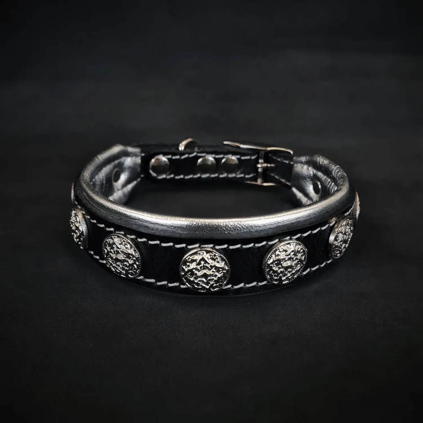 Heki black leather dog collar with silver studs and white stitching Bestia on Tampa Home & Garden Store