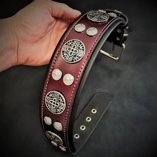 Hektor Burgundy Leather Collar Limited with coin studs and ornate engravings Bestia Gear on Tampa Home & Garden Store