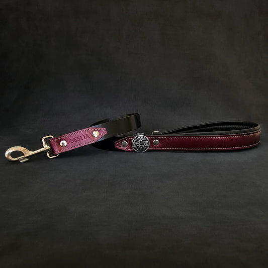 Hektor Burgundy dog leash by Bestia Gear; burgundy leather, brass hardware, embossed BESTIA on Tampa Home & Garden Store