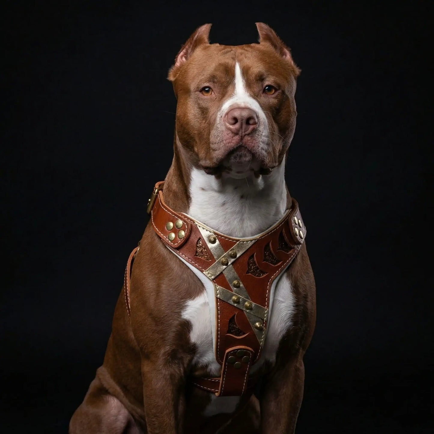 Bestia Hermes leather dog harness, brown leather with brass studs on Tampa Home & Garden Store