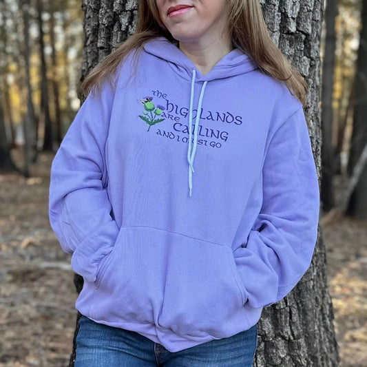 Highlands Are Calling Embroidered Fleece Hoodie, lavender color, Thistle & Stitch apparel on Tampa Home & Garden Store