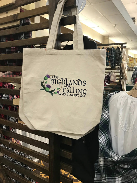 Tote bag The Highlands Are Calling and I Must Go beige canvas with green vines and purple berries on Tampa Home & Garden Store
