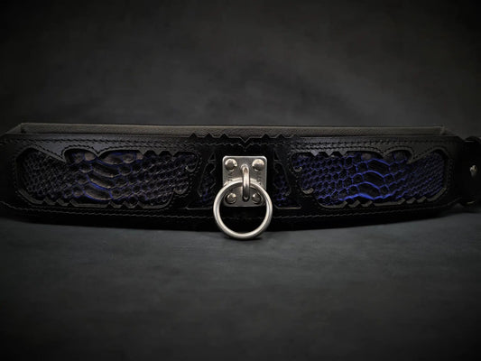 Indigo hand-painted python skin dog collar with black leather and metal D-ring Bestia Dog Gear on Tampa Home & Garden Store