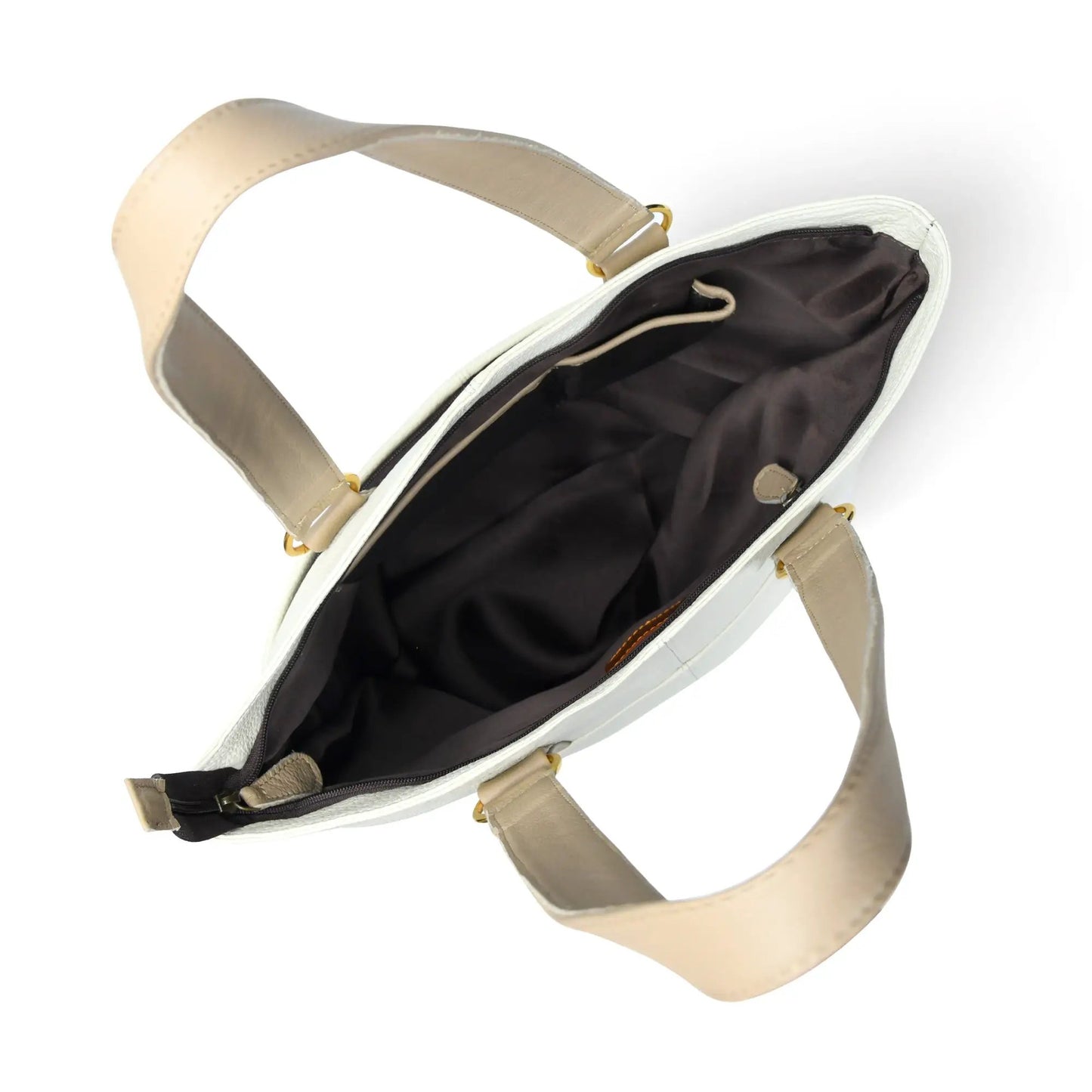 Ivory leather tote bag with gold ring hardware, light beige straps, dark interior on Tampa Home & Garden Store